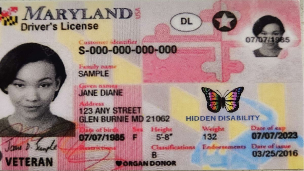 Maryland sample driver's license with a butterfly printed beside the words Hidden Disability.